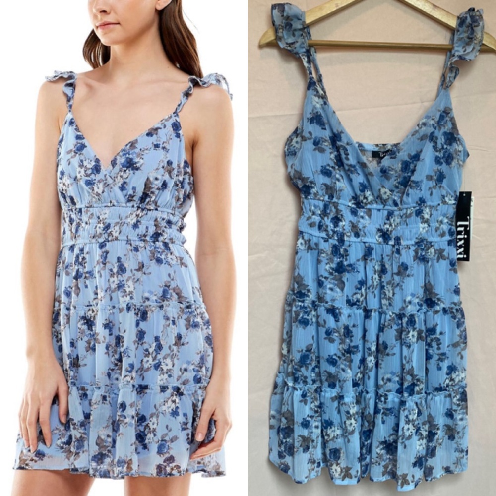 Trixxi Blue Floral Tiered Mini Dress Size Medium NWT Ruffle Grunge Fairy Y2K